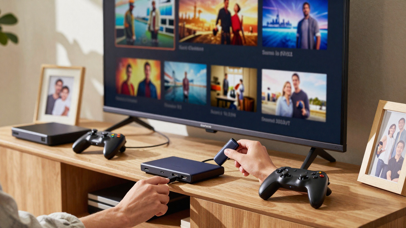 Pessoa conectando dispositivo de streaming em aparelho de TV com controles de videogame ao lado.