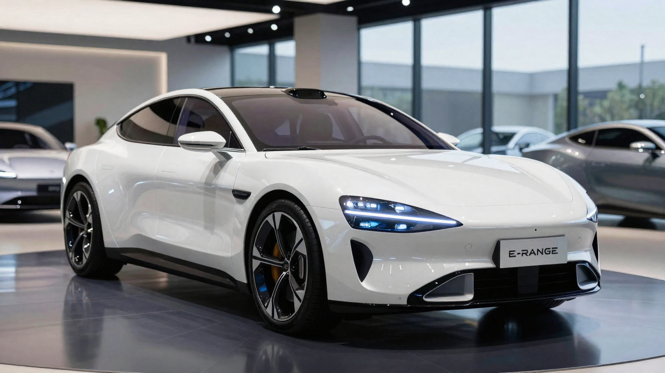Carro esportivo elétrico branco E-RANGE em exposição, com luzes dianteiras acesas em showroom moderno.