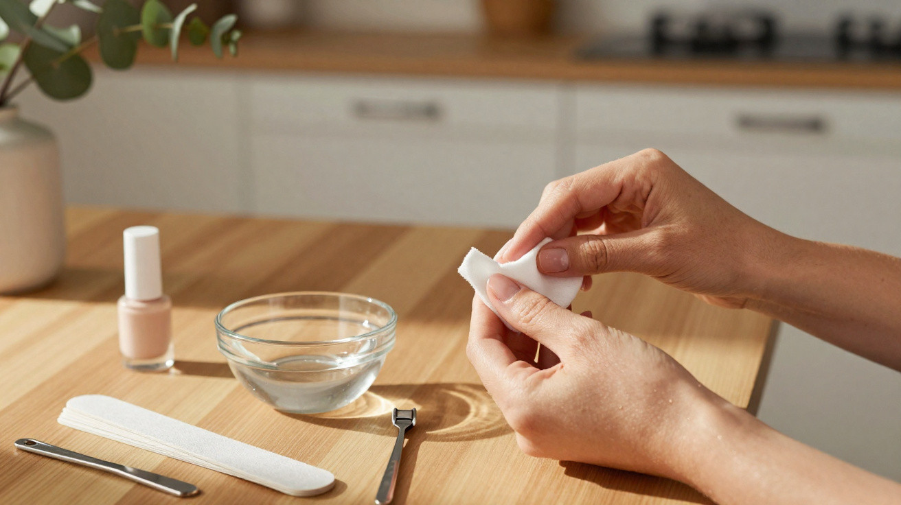 Mãos segurando algodão para remover esmalte em mesa com acessórios de manicure e esmalte rosa claro.