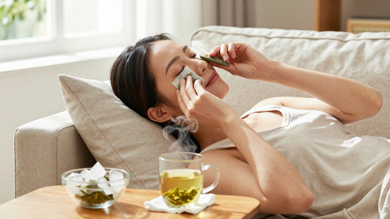 Mulher relaxando no sofá com compressas nos olhos e xícara de chá quente na mesa ao lado.