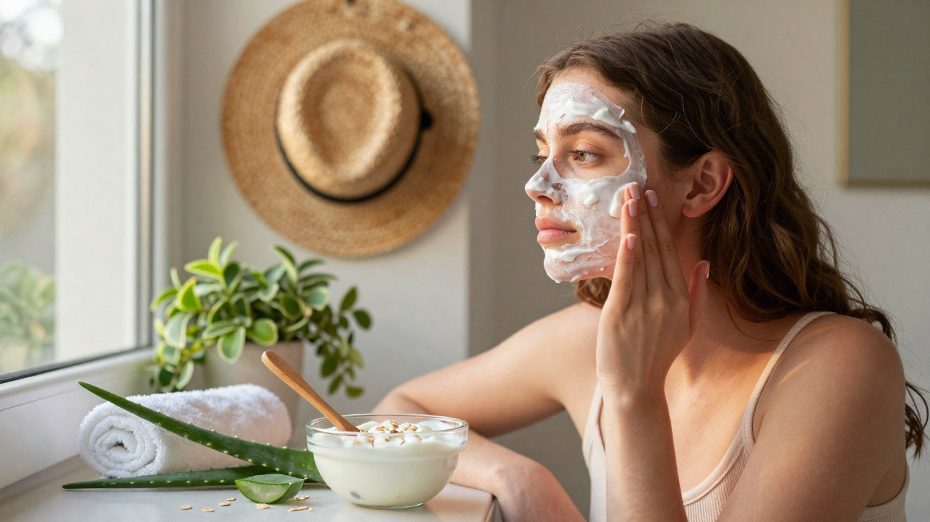 Mulher aplicando máscara facial branca em ambiente iluminado com toalha, aloe vera e planta ao lado.