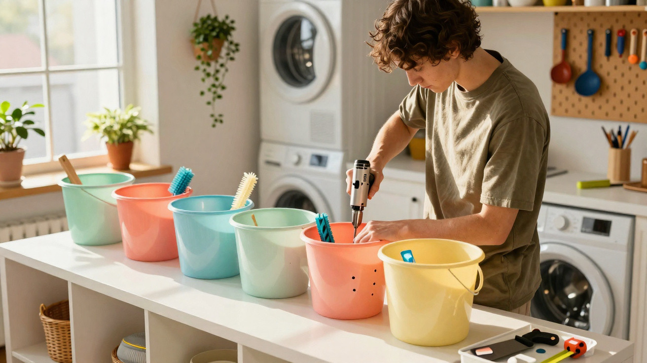 Pessoa perfurando balde cor de salmão para fazer vaso de plantas em ambiente doméstico com vários baldes coloridos.