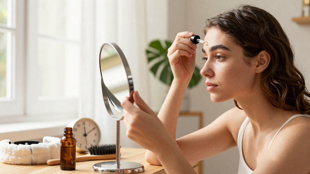 Mulher aplicando serum facial em frente a um espelho em ambiente iluminado por luz natural.