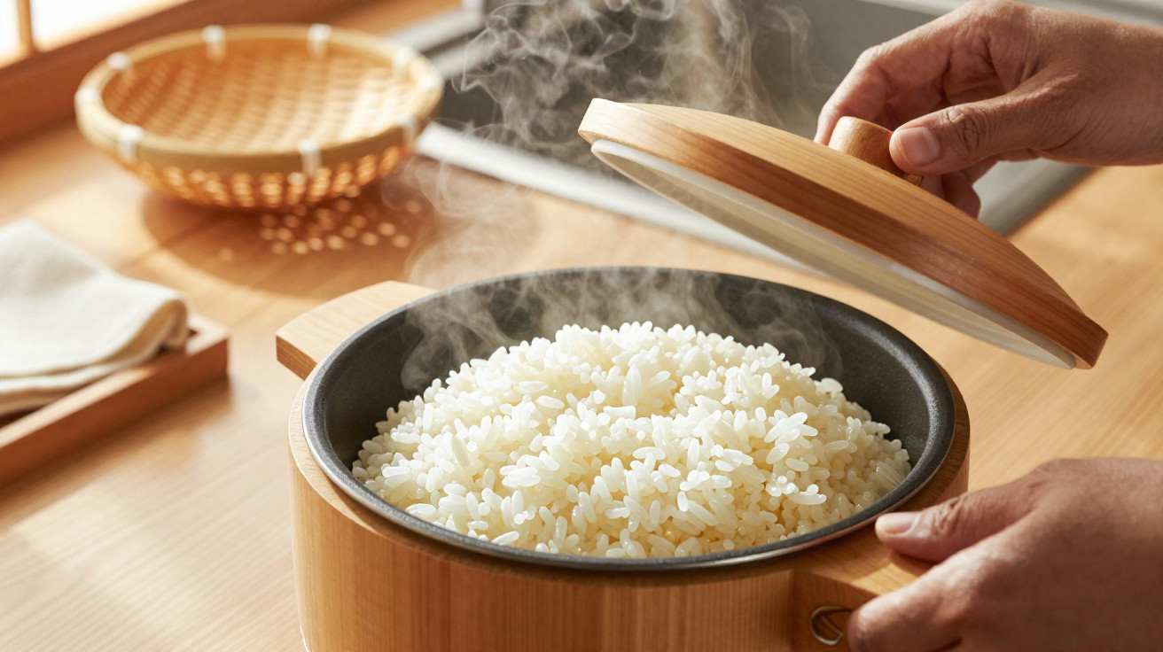 Mãos retirando tampa de panela de arroz com vapor saindo, em uma cozinha iluminada.