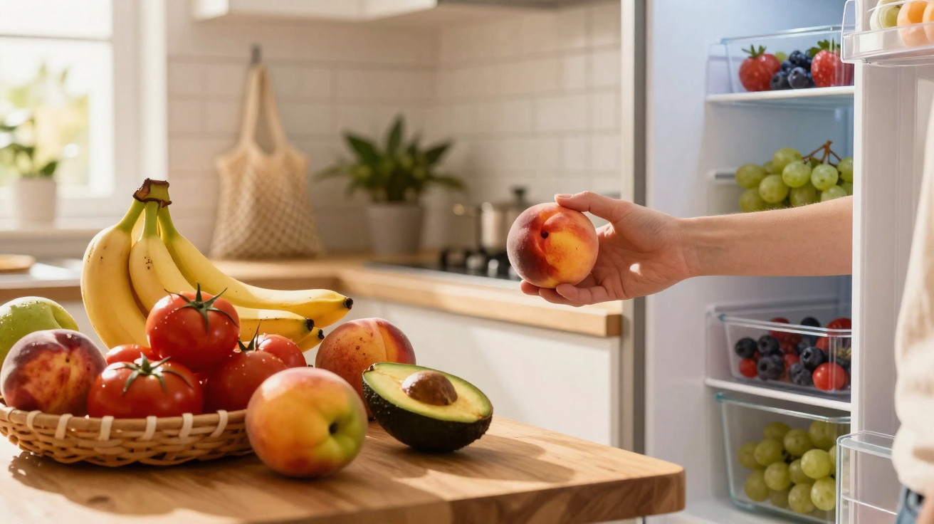 Pessoa segurando pêssego perto de mesa com frutas como bananas, abacate, tomates e mais frutas na geladeira.