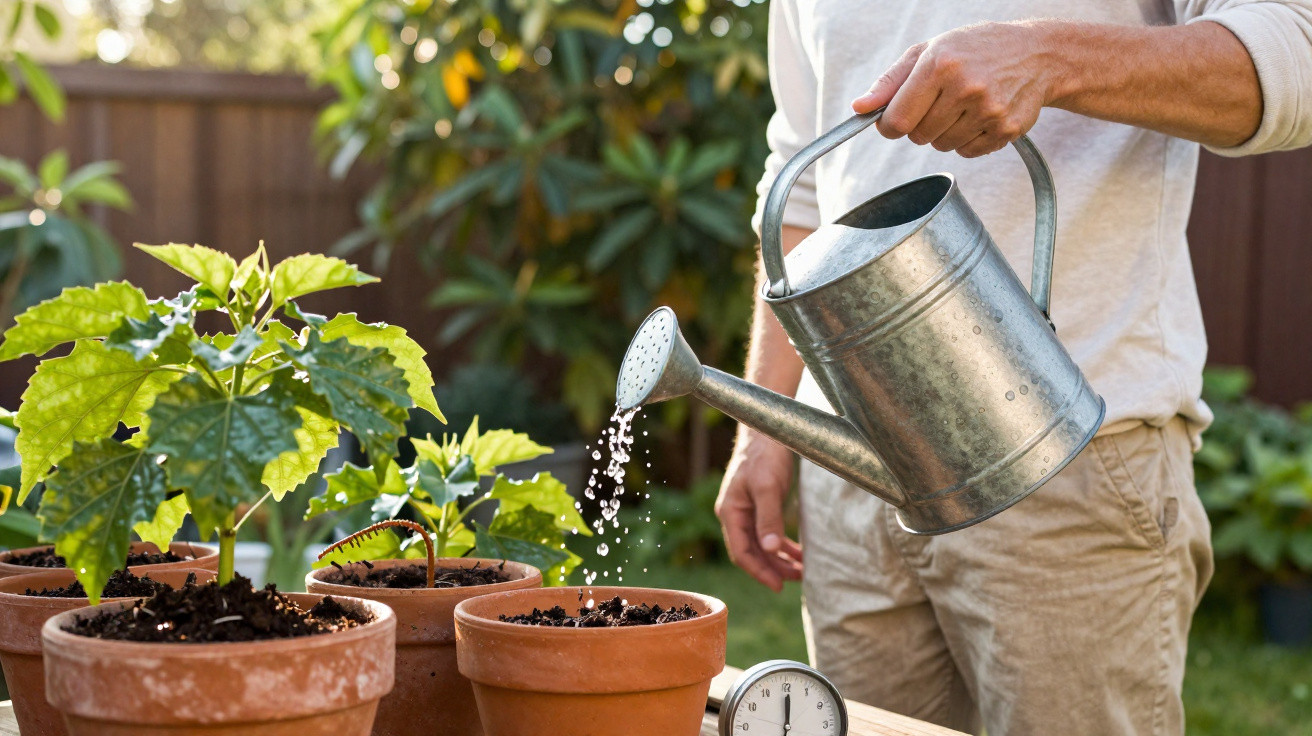 Pessoa regando plantas em vasos de barro com regador metálico em jardim ensolarado.