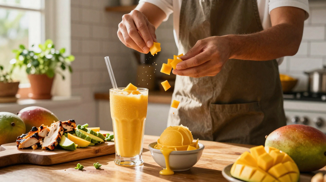 Pessoa adicionando pedaços de manga a um copo com smoothie amarelo em uma cozinha iluminada.