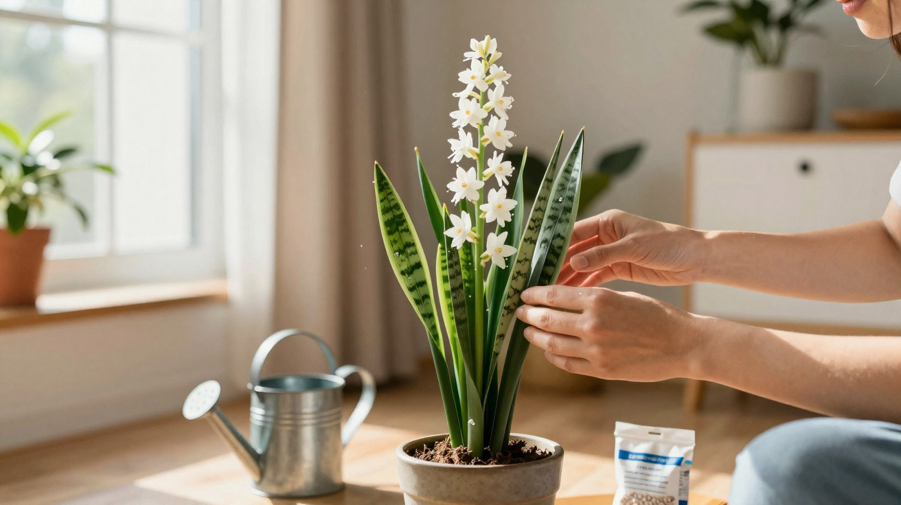 Pessoa cuidando de planta com flores brancas em vaso, regador e pacote de sementes sobre a mesa.