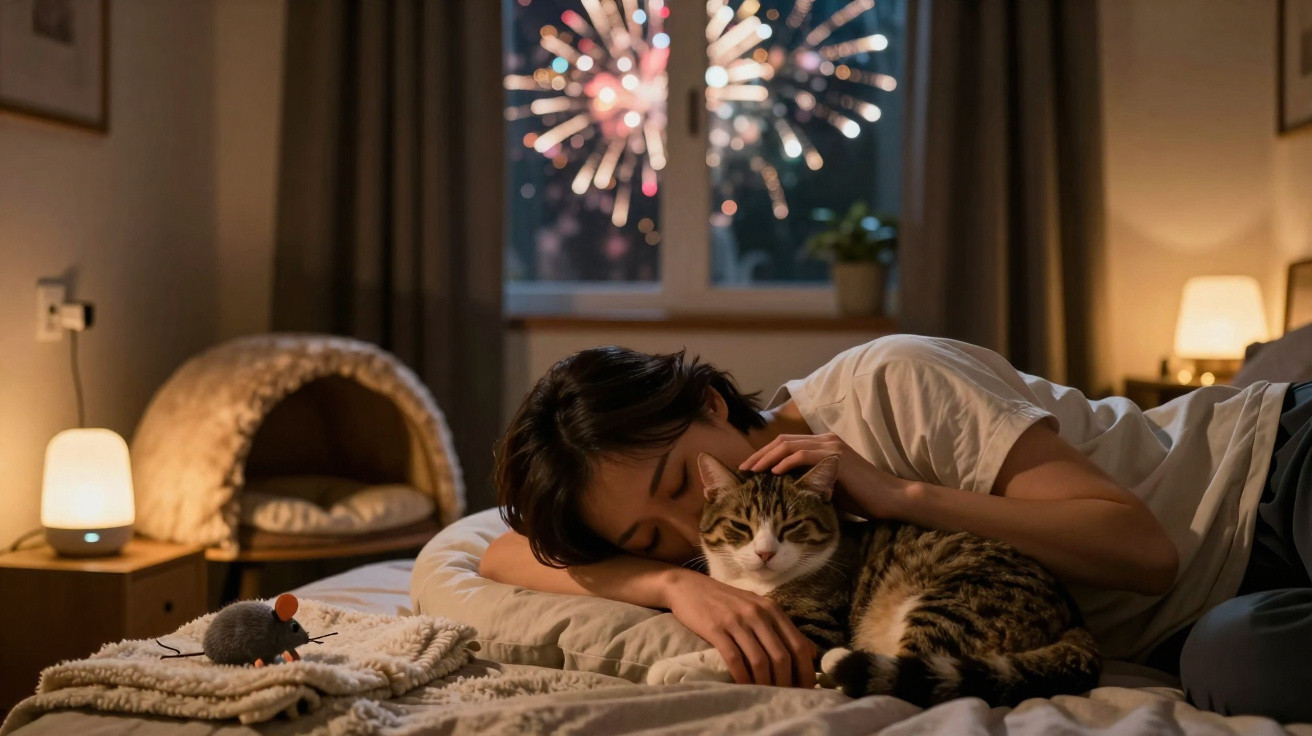 Pessoa deitada na cama acariciando gato, com fogos de artifício visíveis pela janela ao fundo.