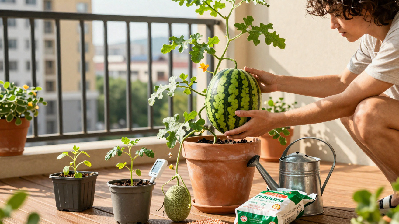 Pessoa cuidando de planta com melancia crescendo em vaso na varanda ensolarada de apartamento.
