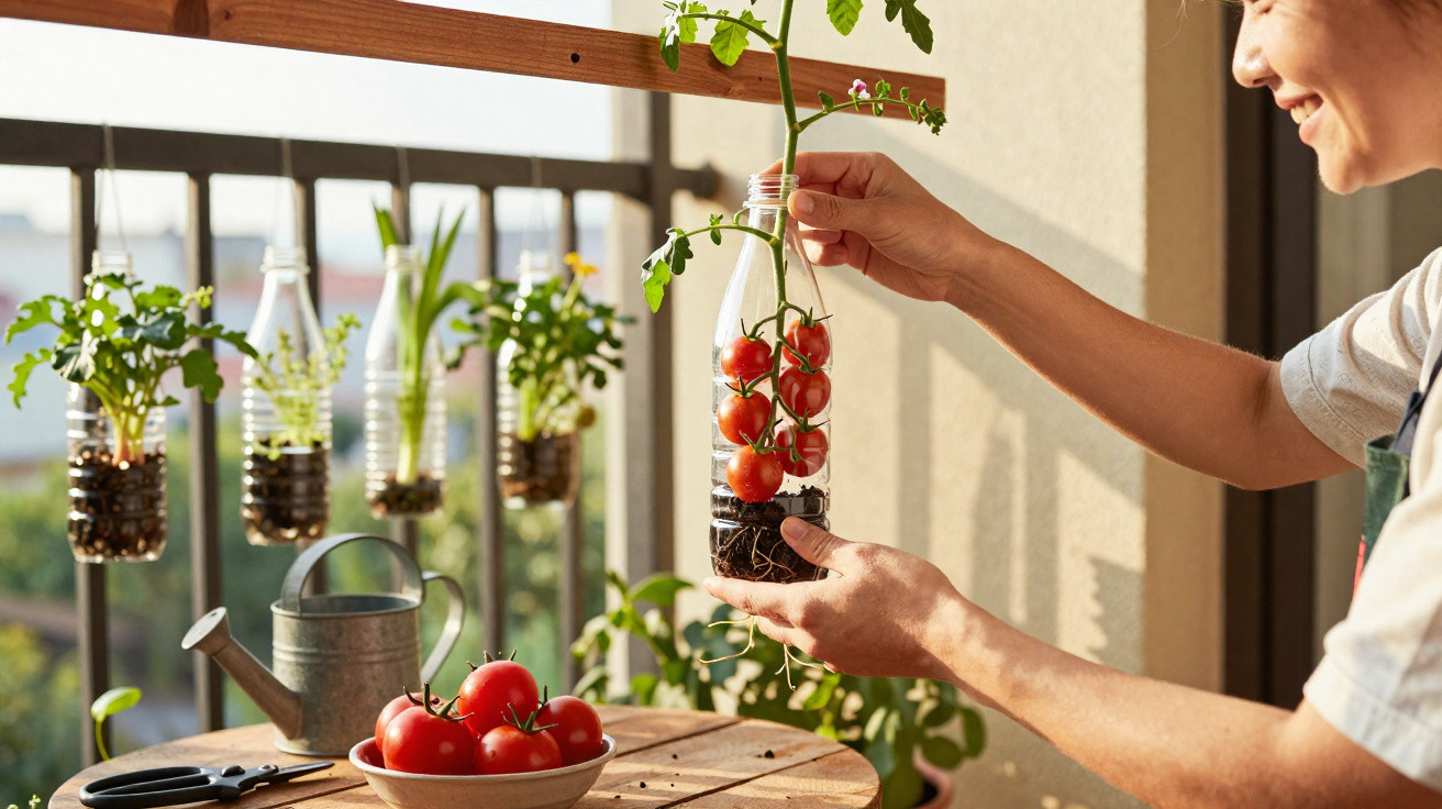 Mulher cuidando de tomate plantado em garrafa reciclada com outras plantas penduradas na varanda.