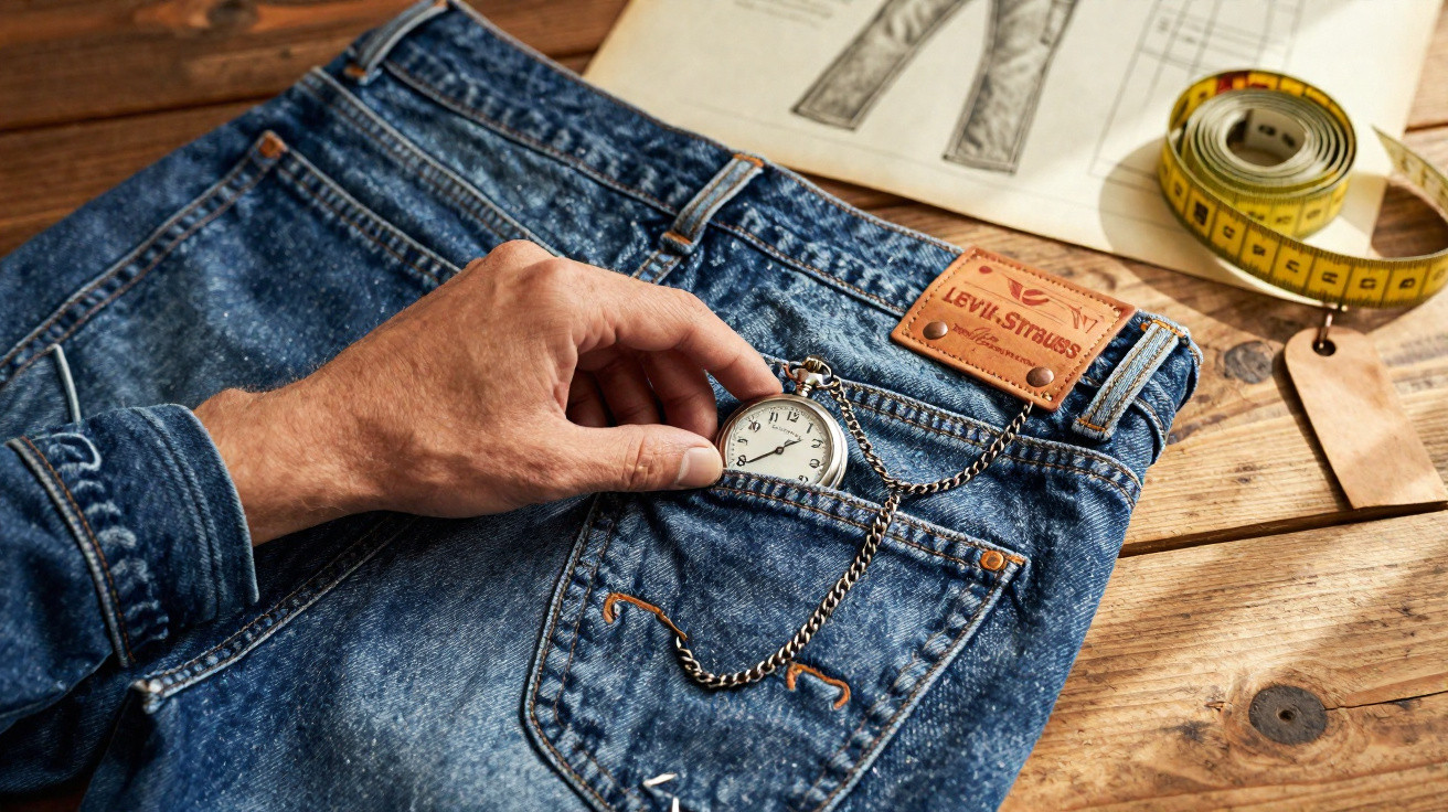 Mão masculina retirando relógio de bolso do bolso traseiro de jeans Levi's sobre mesa de madeira com fita métrica.
