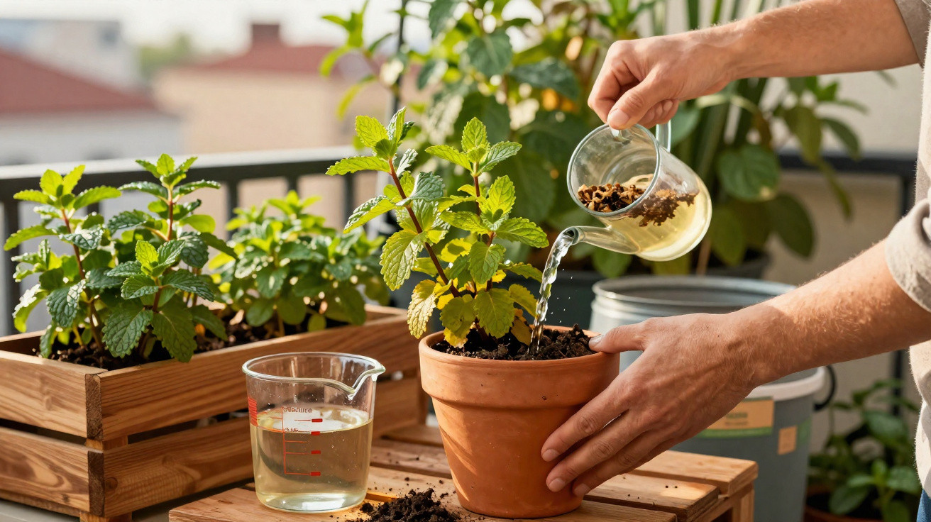 Pessoa regando hortelã em vaso de barro com infusão caseira em varanda ensolarada.