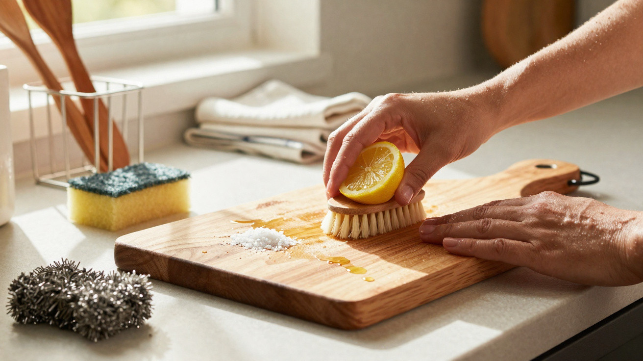 Mãos limpando tábua de madeira com escova e limão, com sal ao lado, em bancada de cozinha.