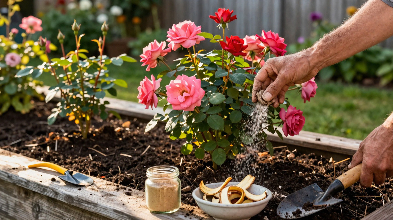 Mãos aplicando adubo em roseira com flores rosas e vermelhas em horta elevada de madeira.
