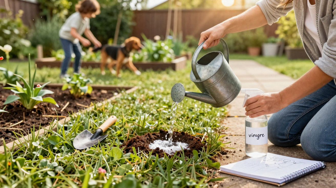 Pessoa regando plantas em jardim com regador e spray de vinagre, criança e cachorro ao fundo.