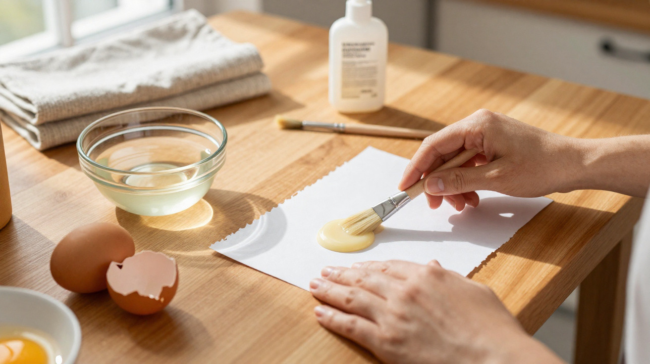Pessoa aplicando cola com pincel sobre papel branco em mesa de madeira com ovos e tigela transparente.