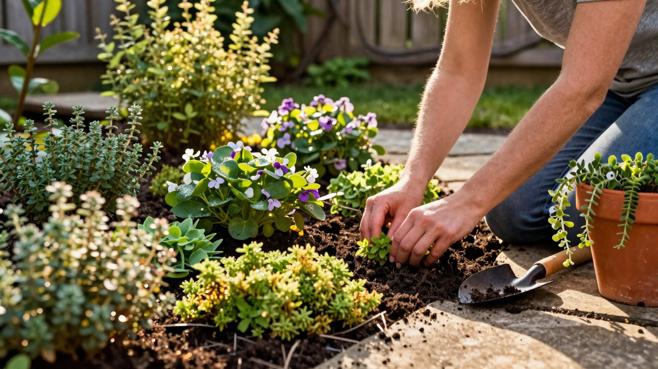 Pessoa plantando mudas em jardim com várias plantas e flores coloridas ao redor.