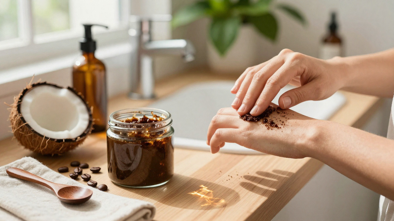 Pessoa aplicando esfoliante caseiro de café em suas mãos em bancada de banheiro iluminada.