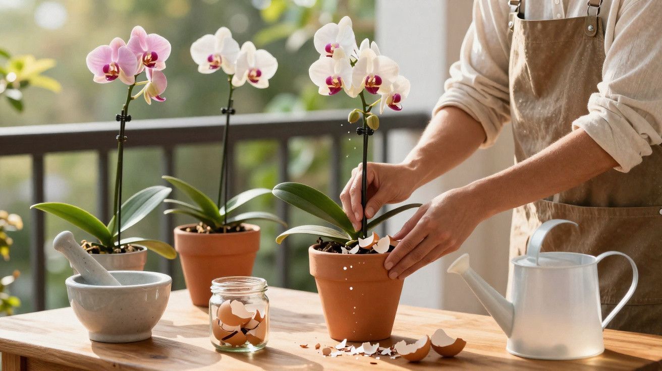 Pessoa aplicando casca de ovo triturada como adubo em orquídeas em vaso, com regador e almofariz perto.