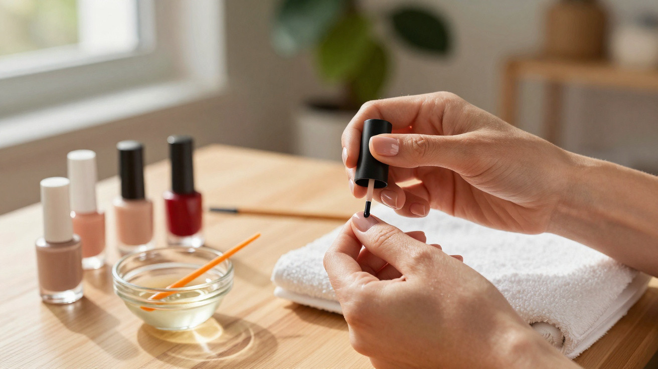 Pessoa aplicando esmalte rosa claro nas unhas, com toalha e vários vidros de esmalte ao fundo.