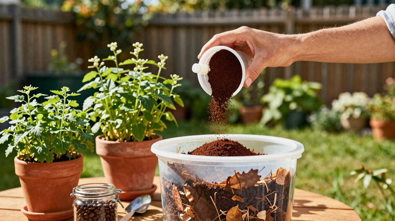 Pessoa adiciona borra de café em recipiente com folhas secas para compostagem ao ar livre.