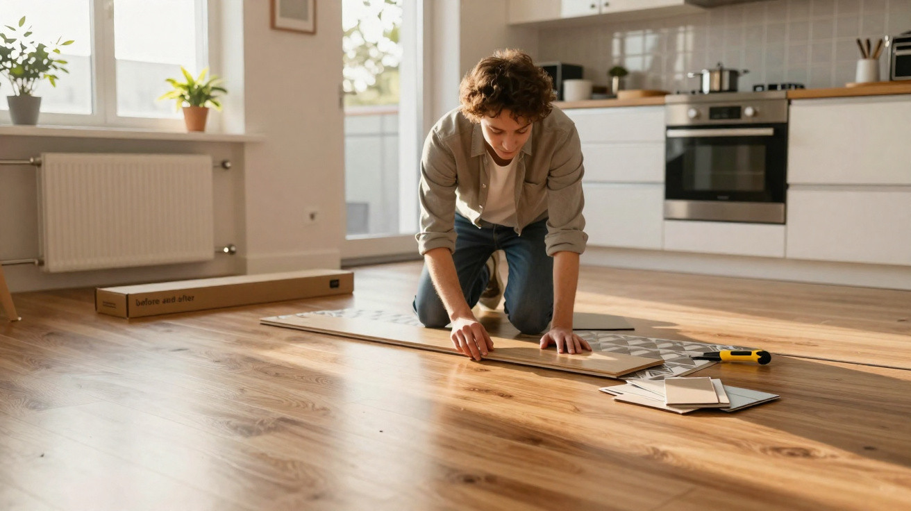 Pessoa jovem montando piso laminado em cozinha iluminada e moderna.
