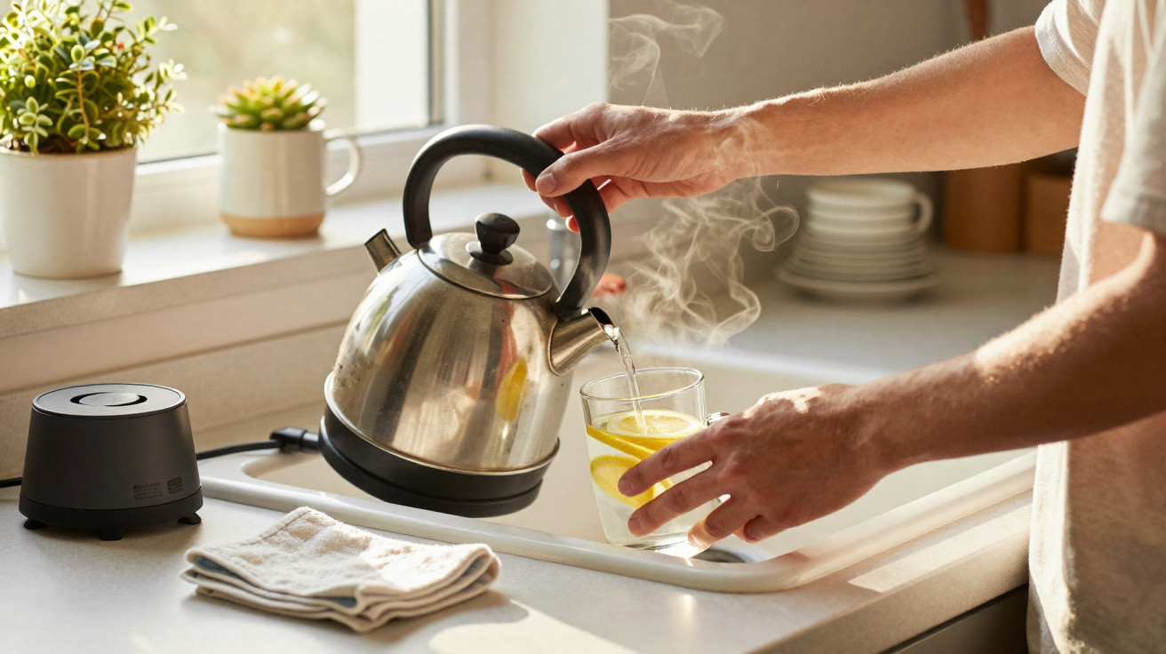 Pessoa despejando água quente de uma chaleira em um copo com fatias de limão na cozinha.