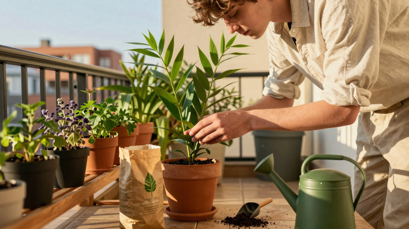 Pessoa cuidando de planta em vaso no terraço com regador, pá e sacos de terra ao redor.