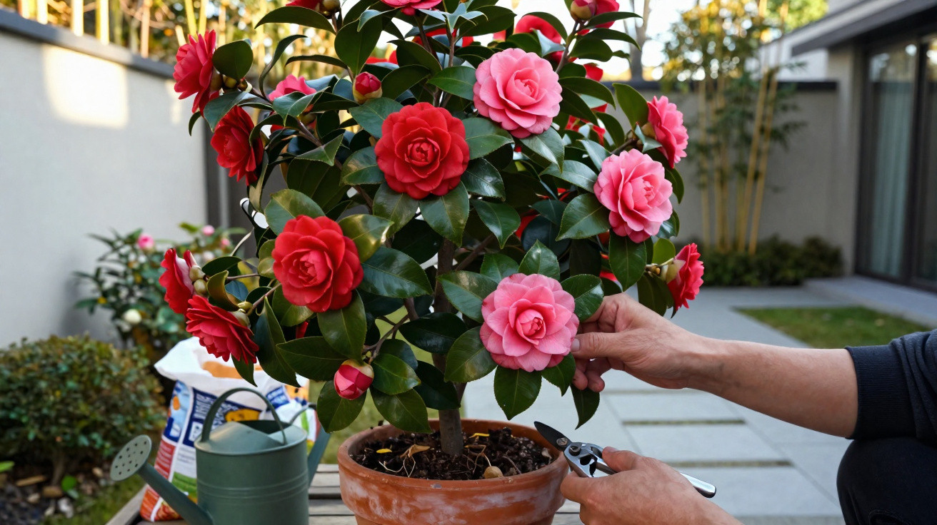 Pessoa podando camélias vermelhas e rosas em vaso de cerâmica no jardim de casa.