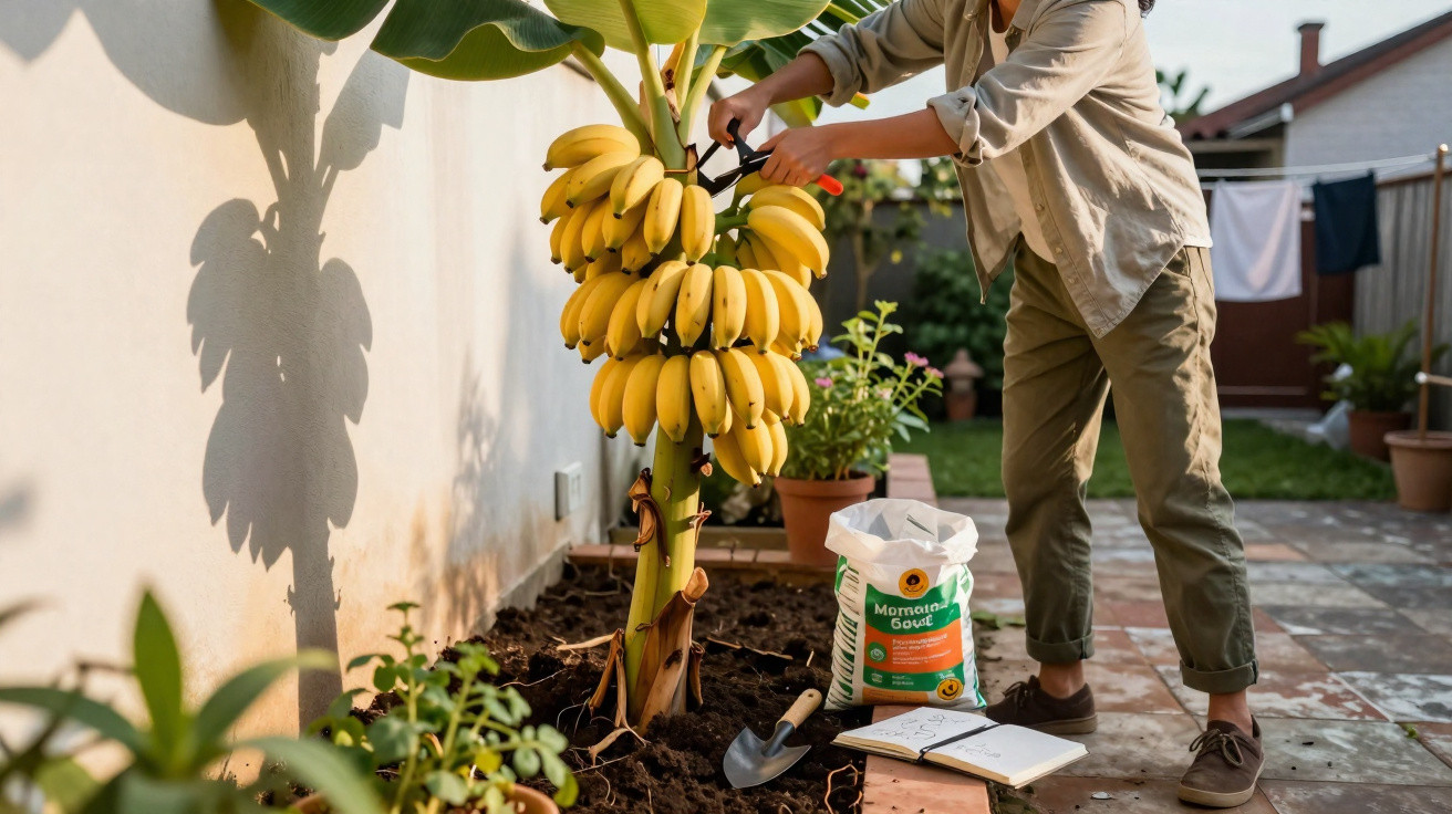 Pessoa colhendo cacho de bananas em planta cultivada no jardim de casa durante o dia.