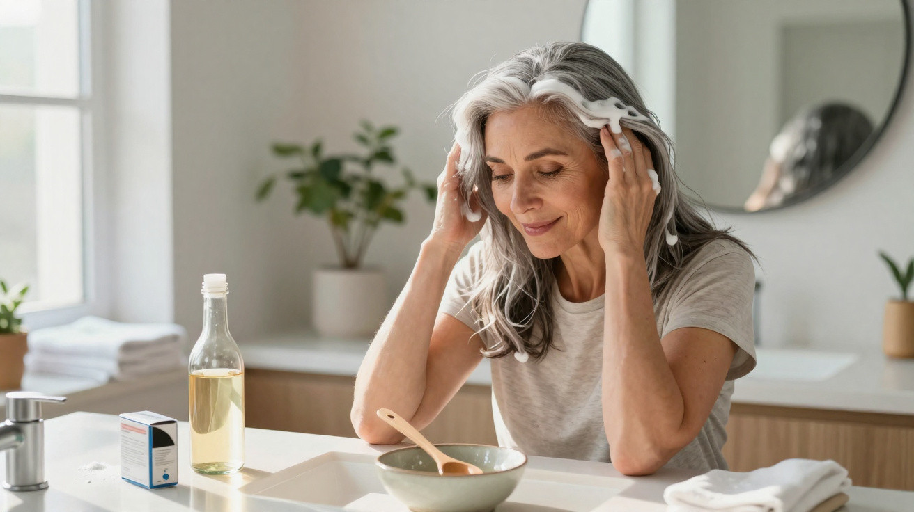 Mulher madura aplicando creme no cabelo sentado em mesa com produtos de cuidado pessoal ao lado.