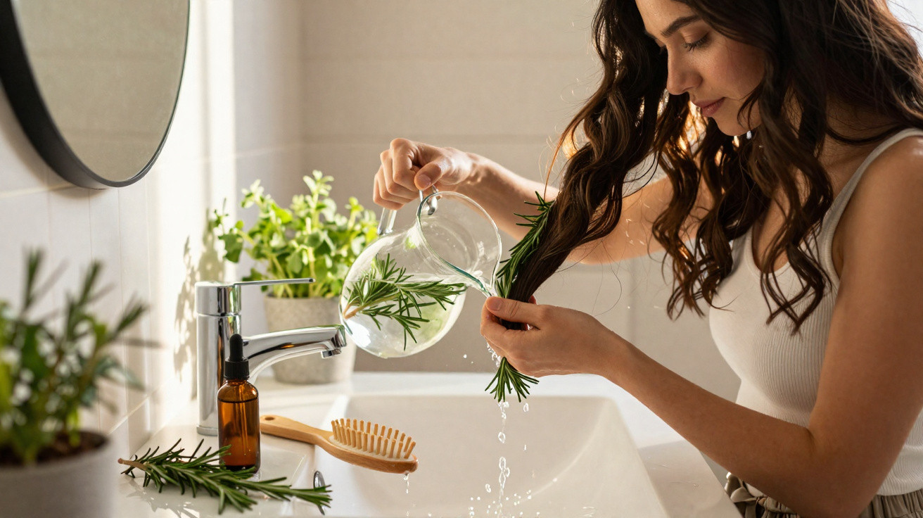 Mulher despejando infusão de ervas naturais no cabelo com pia e plantas ao fundo.