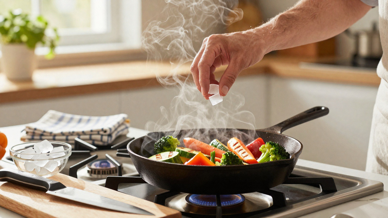 Mão adiciona cubo de gelo em frigideira com legumes e salsicha cozinhando em fogão a gás.