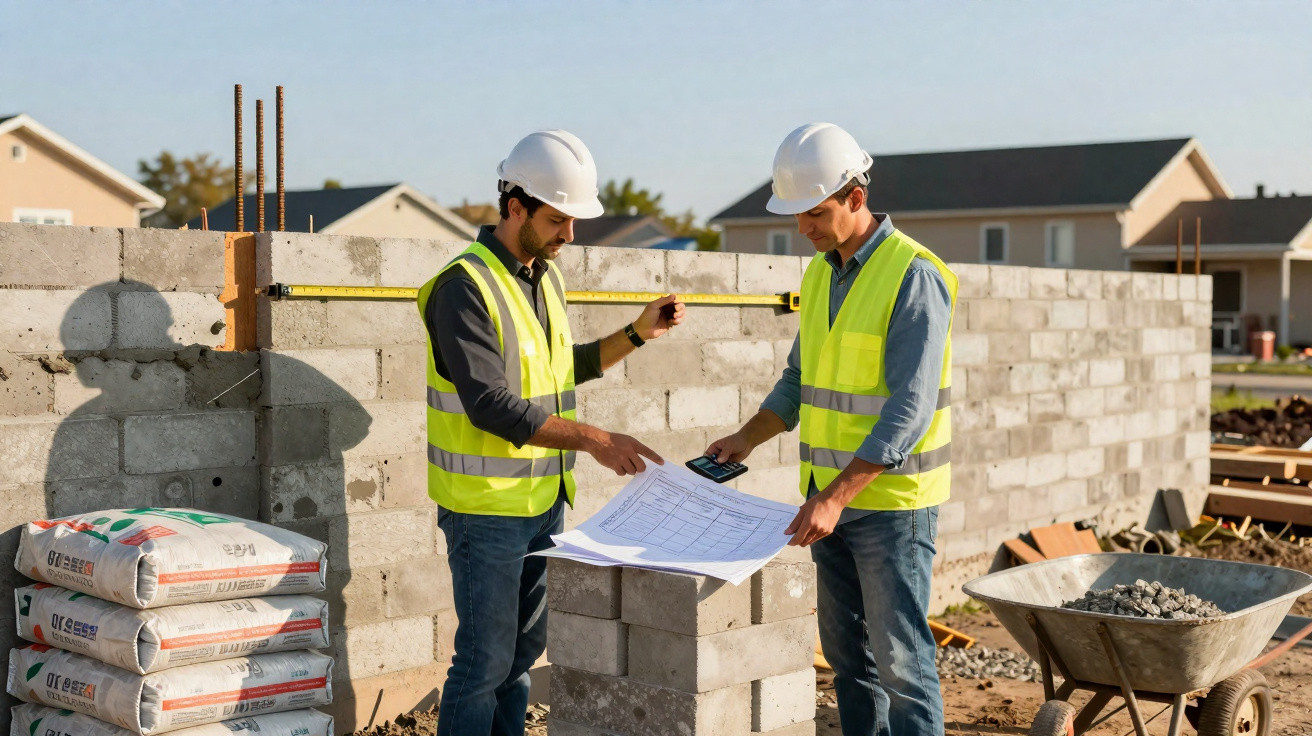 Dois engenheiros com capacetes e coletes discutem plantas em obra de construção civil.