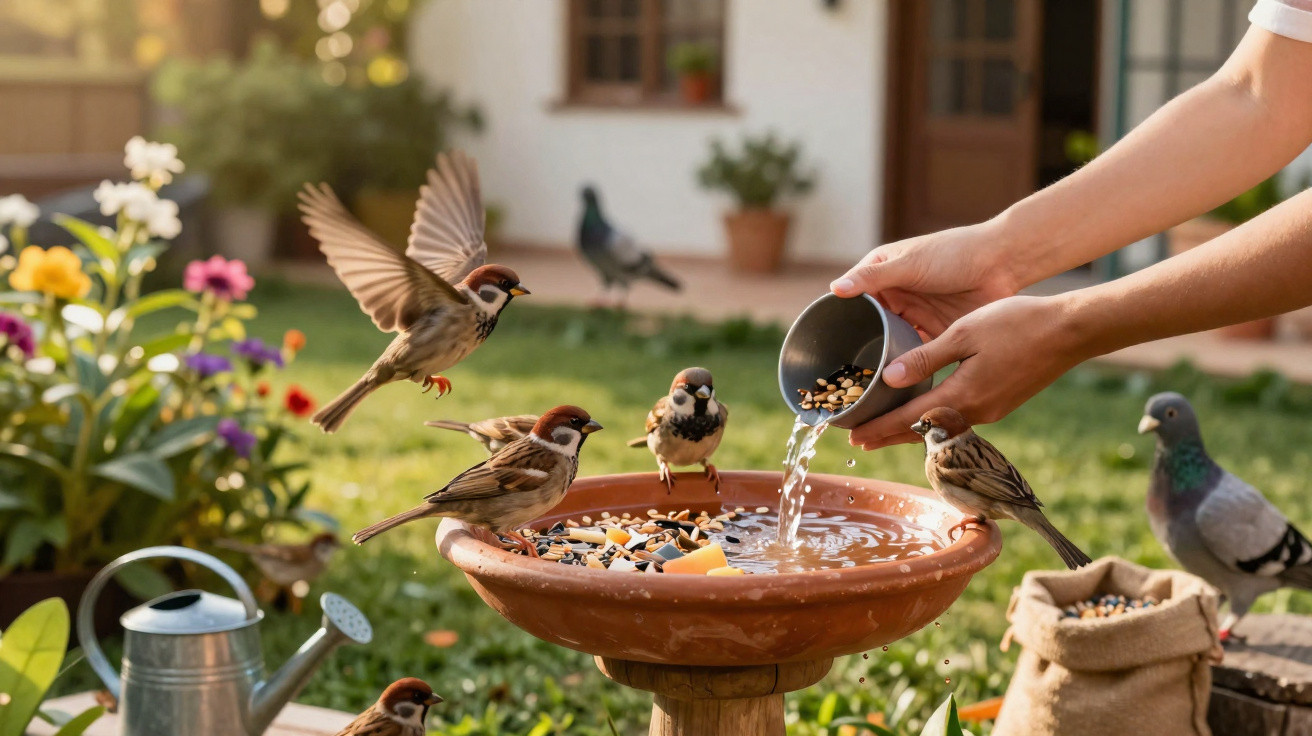Pássaros bebendo água e comendo sementes em bebedouro de jardim com flores ao fundo.