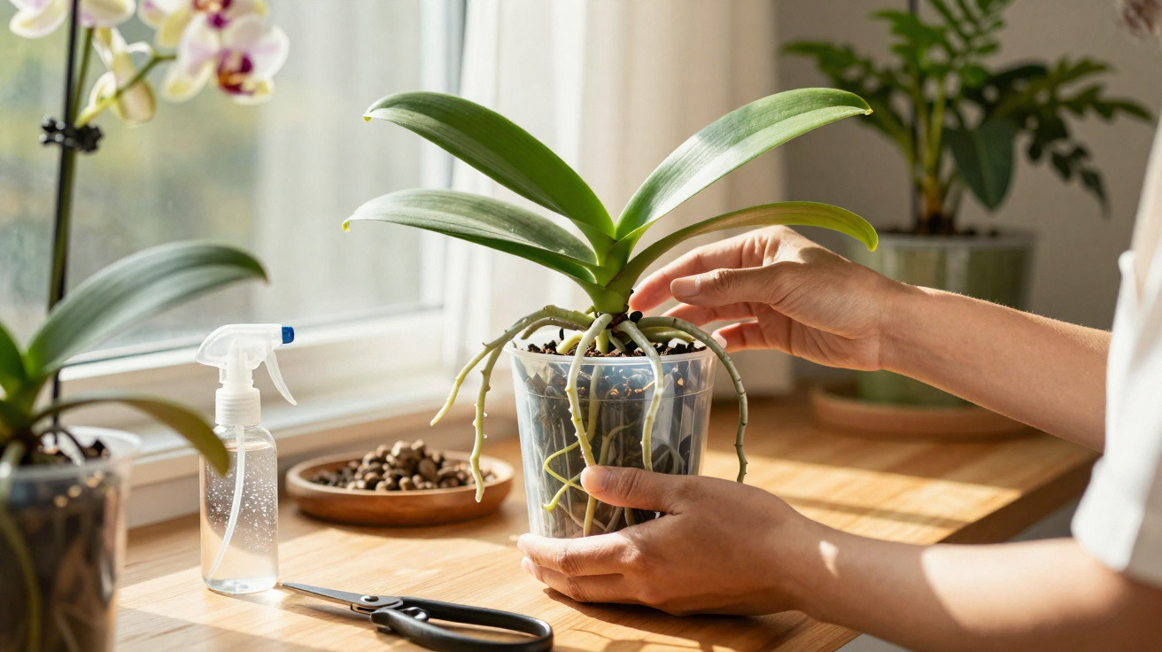 Mãos cuidando de orquídea em vaso transparente sobre mesa de madeira com borrifador e tesoura.