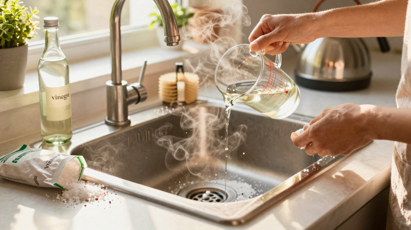 Pessoa despejando líquido quente com vapor em pia de cozinha para desentupir, com vinagre e sal ao redor.