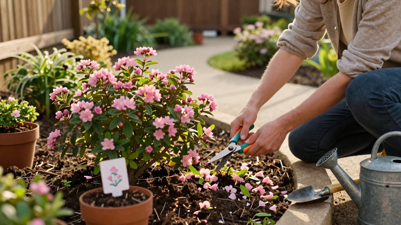 Pessoa podando flores rosas em jardim com tesoura de poda e regador ao lado.