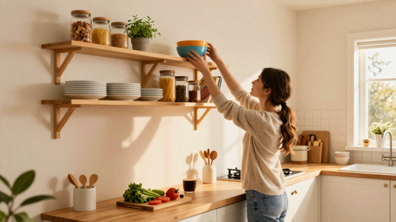 Mulher guardando tigela colorida em prateleira de cozinha moderna com alimentos e utensílios.