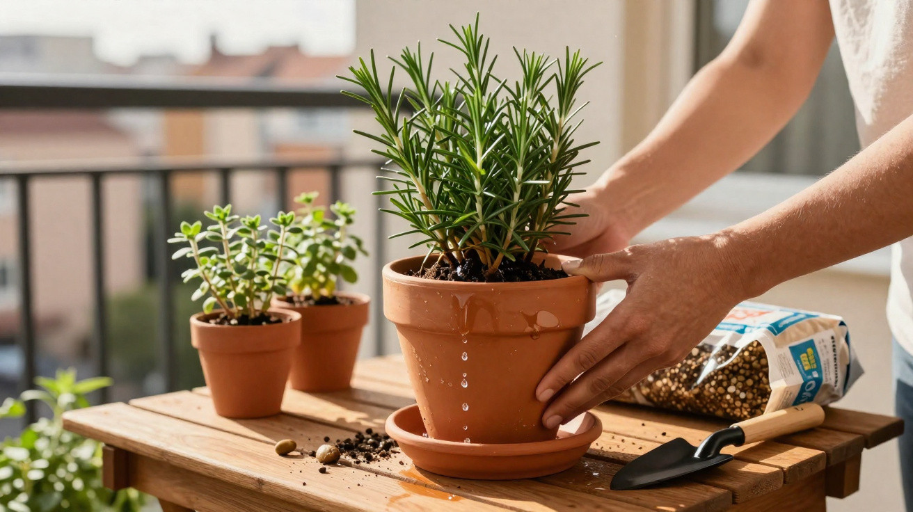 Pessoa regando planta em vaso de barro sobre mesa de madeira em varanda ensolarada.