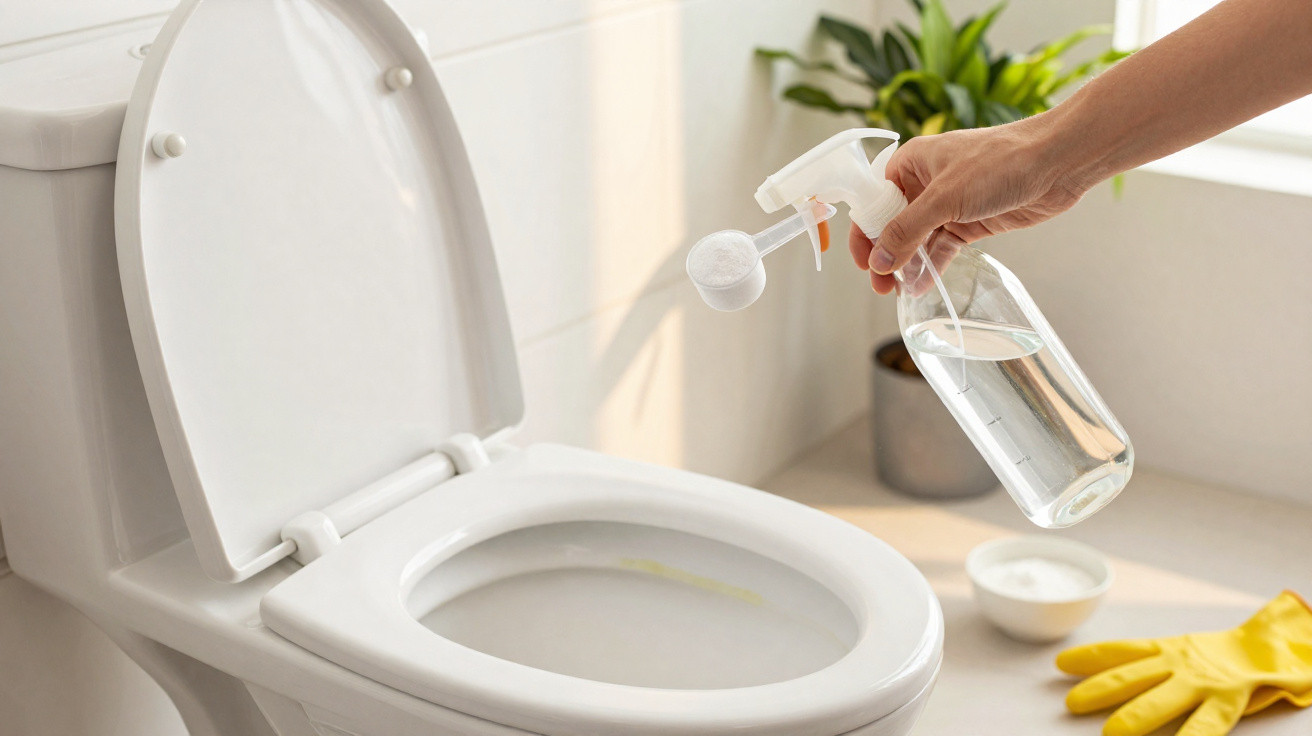 Pessoa segurando borrifador com água perto do vaso sanitário aberto para limpeza.