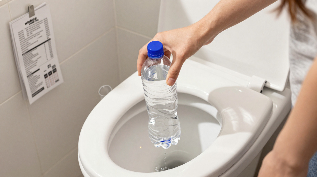 Pessoa despejando água de uma garrafa plástica em um vaso sanitário branco.