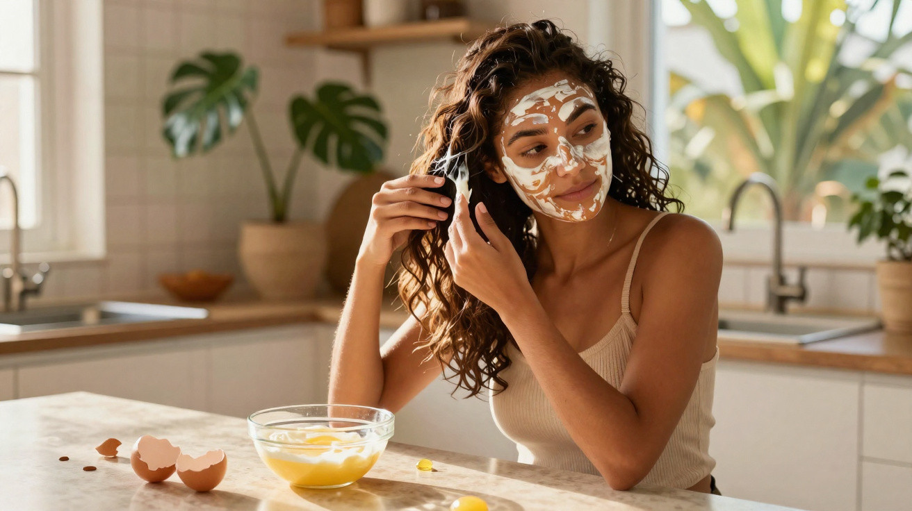 Mulher aplicando máscara facial caseira enquanto penteia o cabelo na cozinha iluminada pela luz natural.