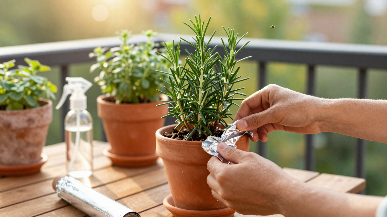 Mãos usando papel alumínio para proteger planta de ervas em vaso de barro sobre mesa de madeira.