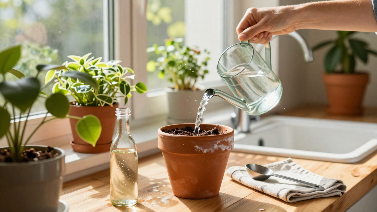 Mão regando vaso de barro com regador de vidro em bancada de madeira com várias plantas.