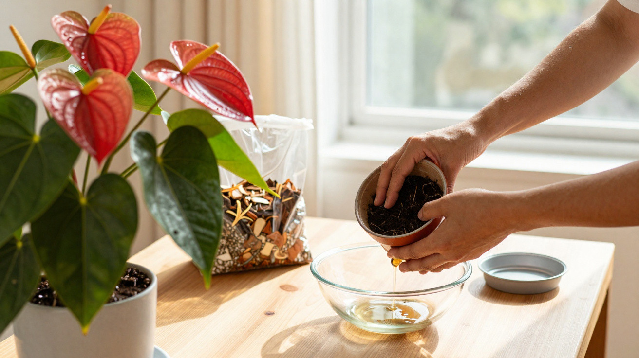 Mãos despejando substrato em forma líquida sobre uma tigela de vidro em uma mesa, com planta e janela ao fundo.