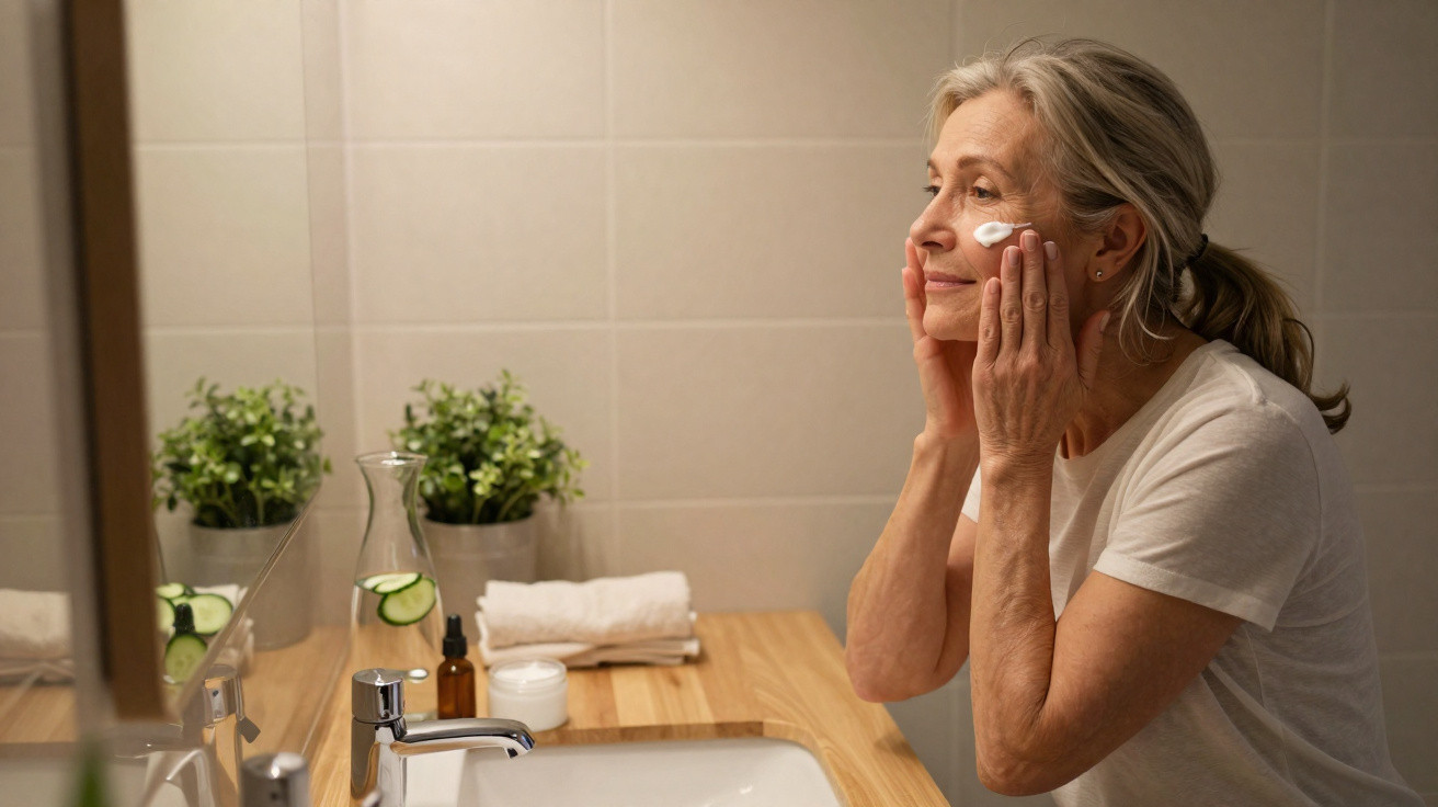Mulher madura aplicando creme facial na bochecha em banheiro com plantas e toalhas ao fundo.