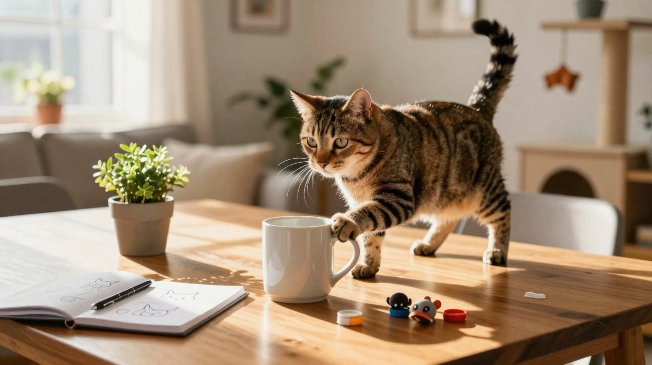 Gato malhado andando na mesa de madeira próxima a uma caneca, brinquedos e um caderno de desenhos.