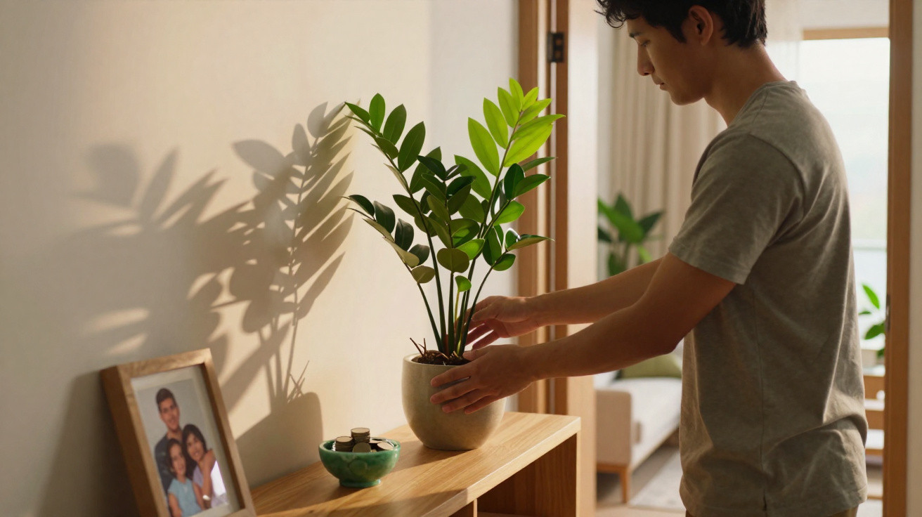 Homem cuidando de planta em vaso sobre estante de madeira em ambiente interno iluminado.